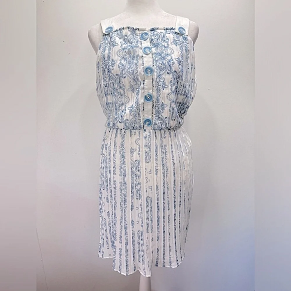 Blue & Ivory Pleated Plisse Skirt Dress KAS ModCloth Cottagecore Boho Milkmaid